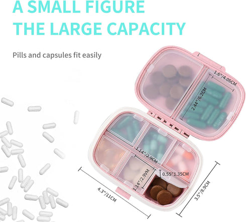 4 Pack Pill Organizer, Daily Pill Case with Label, 8 Compartment Travel Pill Box, Waterproof Portable Container