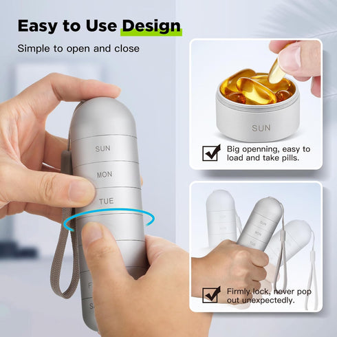 Zannaki Metal Moisture Proof Weekly Pill Organizer, Stackable Aluminum Alloy BPA Free Travel Hiking 7 Day Pill Box Case