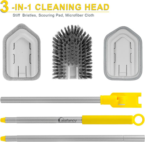 Lalafancy Baseboard Cleaner Tool with Long Handle, 3 Reusable Brush Pads, 52’’ Shower Wall Scrubber for Bathroom