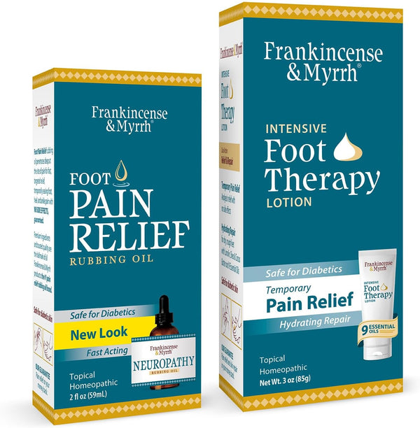 FRANKINCENSE & MYRRH Foot Pain Combo Pack - Foot Pain Relief Rubbing Oil (2 oz) and Intensive Foot Therapy Lotion (3 oz)