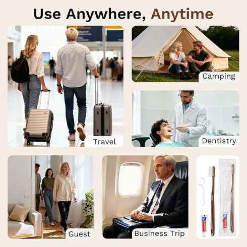 Packaged, (100-PACK) Disposable Toothbrushes with Toothpaste, Travel Toothbrush Kit, Individually Brown, with Floss