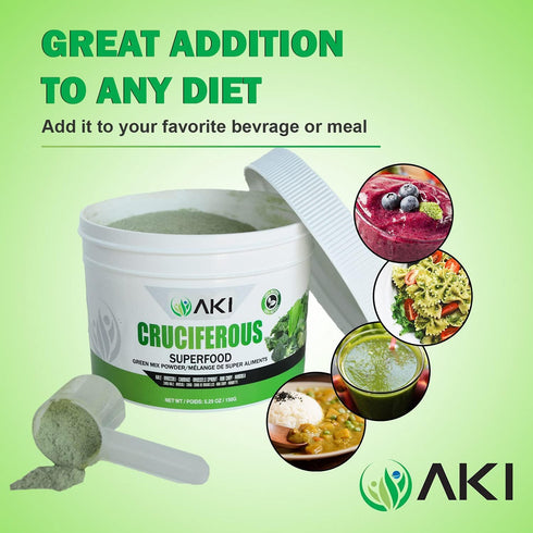 AKI Cruciferous Superfood Green Mix Powder, Made from Kale, Broccoli, Brussels Sprouts, 5.3oz/150g