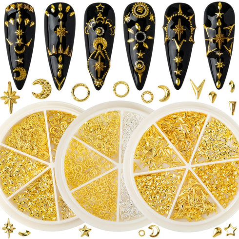 HNUIX Gold Nail Charms, 3D Star, Moon, Ring, Metal Small Shape Studs Gem, 3 Boxes for Manicure Decor