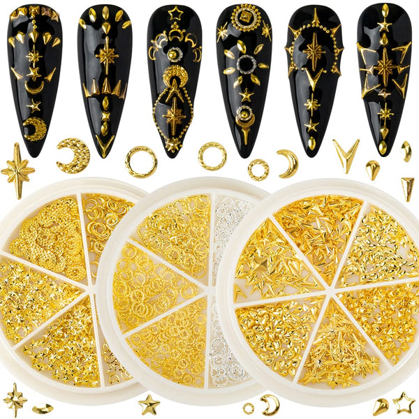 HNUIX Gold Nail Charms, 3D Star, Moon, Ring, Metal Small Shape Studs Gem, 3 Boxes for Manicure Decor