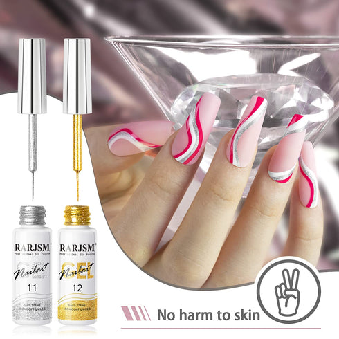 RARJSM Gel Liner Nail Art Polish Set, Silver Gold Glitter Nail Design, 2Pcs Soak Off Curing, 8ml