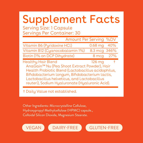 Love Wellness Healthy Hair Probiotics | Support Hair Growth with Biotin and Vitamin B12 & B6 | Supplement for Healthy Scalp & Thicker, Fuller Looking Hair | Safe & Effective | 30 Capsules