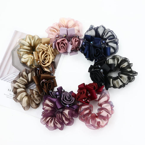 inSowni 7 Pack Sparkly Crystals Pearls Rose Flower Lace Hair Scrunchies, Fancy Decorative Accessories for Women Girls