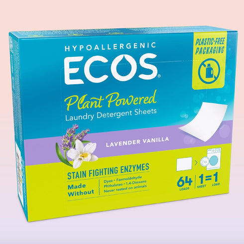 ECOS Laundry Detergent Sheets, Vegan, No Plastic Jug, Liquid Free, Lavender Vanilla, 64 Sheets