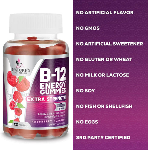 Vitamin B12 Energy Gummies - 120 Gummies, Extra Strength 4500 mcg for Metabolism & Nervous System Support
