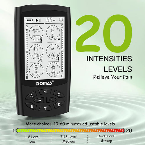 DOMAS TENS Unit Muscle Stimulator, 24 Modes Electronic Pulse Massager with 16 Electrode Pads for Pain Relief