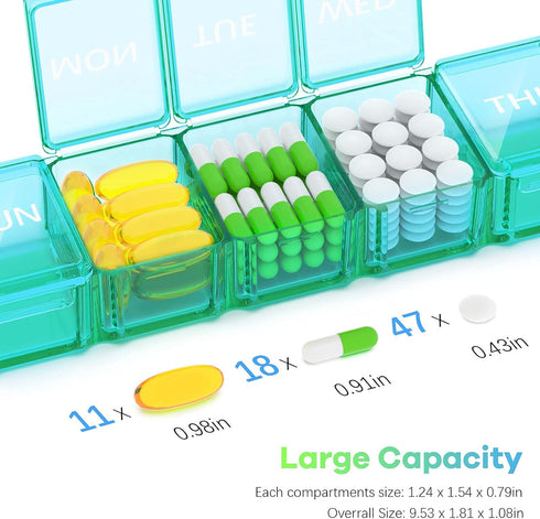 Extra Large Pill Organizer 2 Pack, XL Pill Box 7 Day Weekly Pill Case with Large Capacity, BPA Free (Blue+Green)