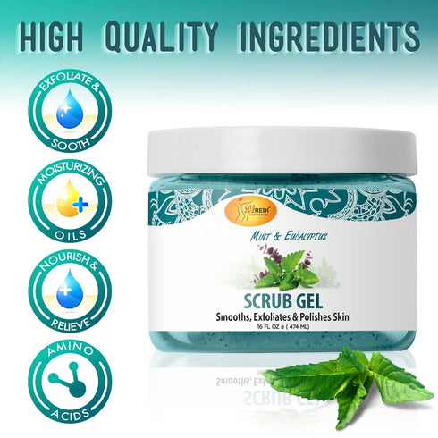 SPA REDI Exfoliating Scrub Pumice Gel, Mint & Eucalyptus, 16 oz - Body, Manicure & Pedicure Exfoliator with Hyaluronic
