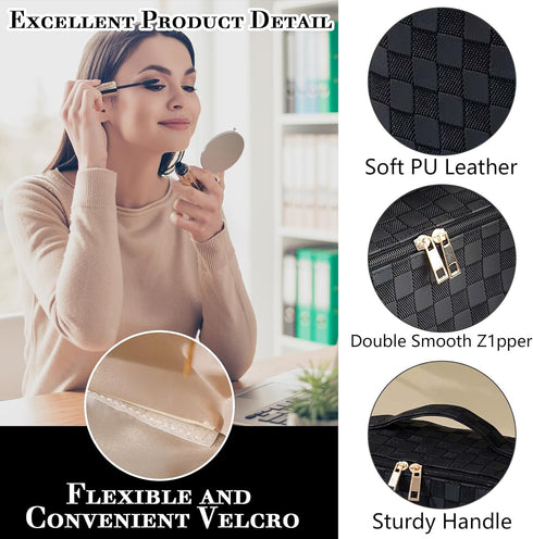 MINGRI Large Capacity Travel Cosmetic Bag for Women,Makeup Bag Travelling PU Leather Cosmetic Bag Waterproof,Multifunctional Storage Travel Toiletry Bag Skincare Bag (Grid-Black)