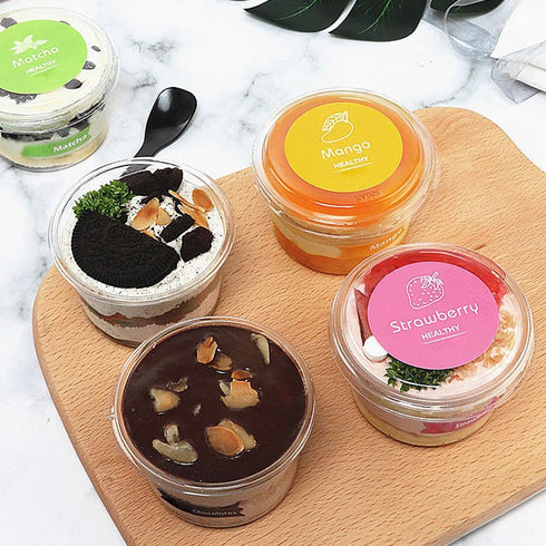 100 Pcs 8 OZ Disposable Plastic Cups with Flat Lids, Snack Bowls for Ice Cream, Cake, Fruit, Parfait, Pudding