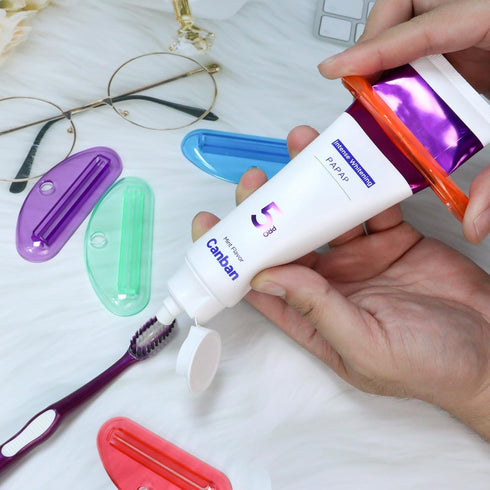 SMLBJUTE 5Pcs Plastic Tooth Paste Tube Squeezer Dispenser, Hanging Roller Tube Squeezer Holder for Saving Toothpaste