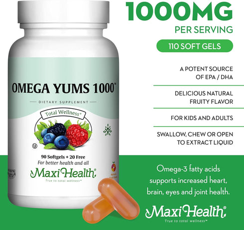 Maxi Health Omega Yums 1000 - Kid Friendly Fruity Burst Flavor - 110 Softgel Capsules - Kosher