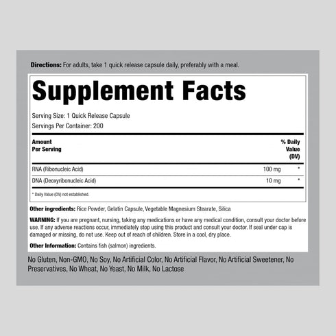 Piping Rock RNA DNA Supplement | 200 Capsules | Ribonucleic Acid & Deoxyribonucleic Acid Complex | Non-GMO, Gluten Free