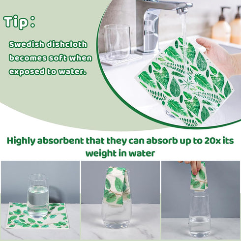 6 Pack Swedish Dishcloths for Kitchen - Green Leave Patterns, Reusable, No Odor, with Adhesive Clips