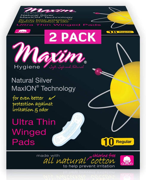 Maxim MaxION Ultra Thin Winged Pads, with Organic Cotton Cover Sheet and Leak