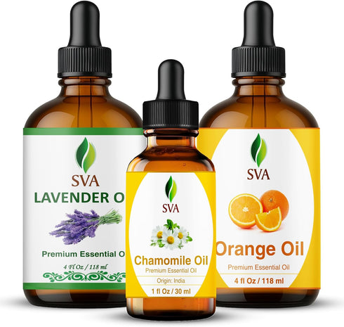 SVA Lavender, Orange & Chamomile Essential Oil Bundle Super Saver Combo Premium