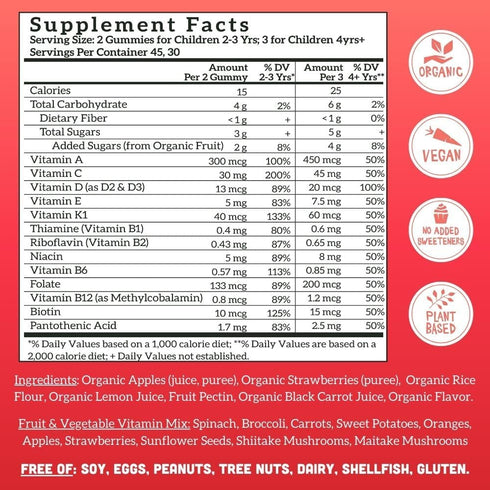 Llama Naturals Real Fruit Gummy Vitamins for Kids, Vegan Toddler Gummies, Organic, 90 ct (30-45 Days) Strawberry