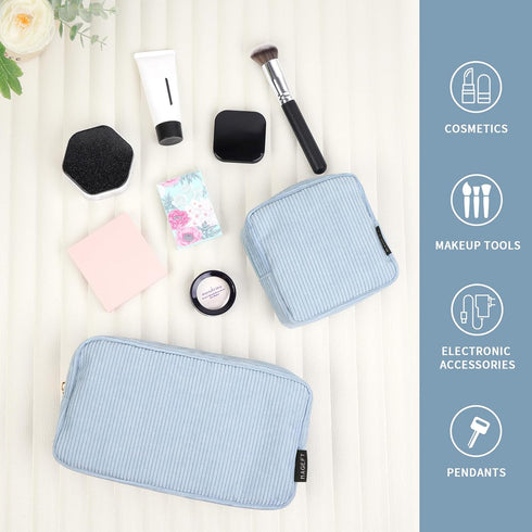 MAGEFY Makeup Bag for Purse, 2 Pcs Corduroy Cosmetic Bag for Girls, Small Travel Pouch with Zipper (Blue)