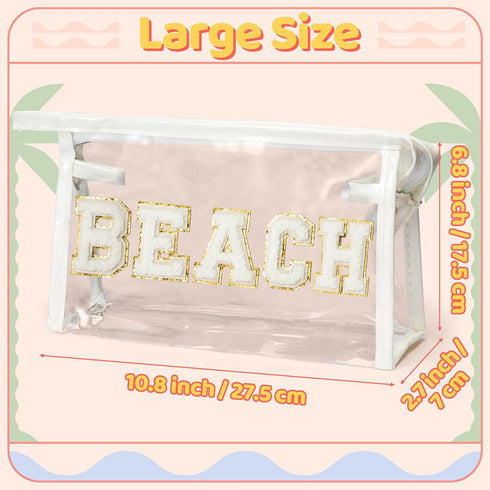 Preppy Patch Cosmetic Bag - Summer BEACH Chenille Varsity Letter Toiletry Bag Transparent PVC Zipper Makeup Bag Waterproof Portable Travel Beach Bag for Women Girls(White Beach White)