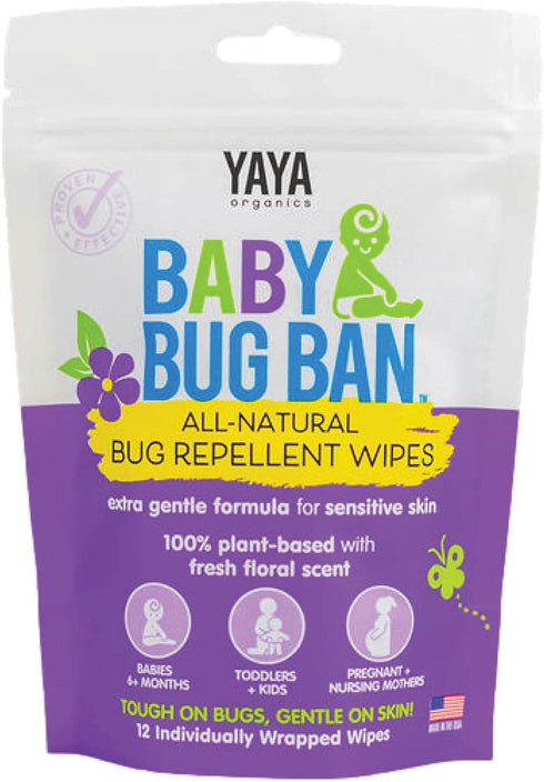 YAYA ORGANICS Baby Bug BAN Insect Repellent Wipes, All-Natural, DEET-Free, Non-Toxic for Babies, Kids, Sensitive Skin