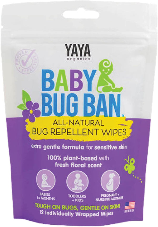 YAYA ORGANICS Baby Bug BAN Insect Repellent Wipes, All-Natural, DEET-Free, Non-Toxic for Babies, Kids, Sensitive Skin