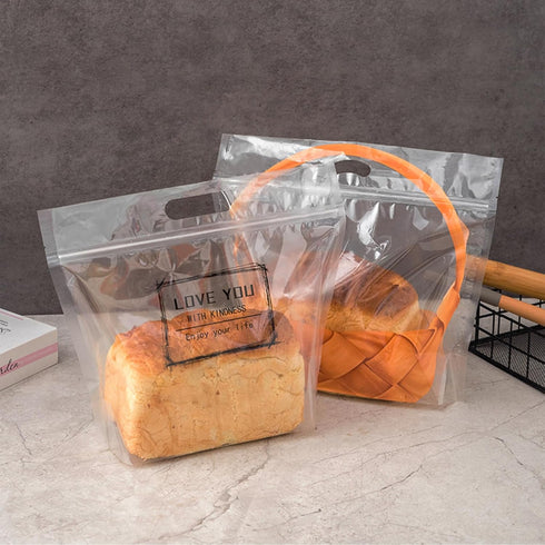 Roppolo 50 7.9 Inch Packaging pcs Large Clear Bread Plastic Bags with Handle, Sealing Zipper Loaf with Basket Pattern
