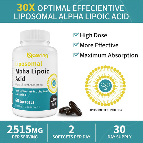 Liposomal Alpha Lipoic Acid 1400mg Softgels, ALA Supplement with 1000mg L-Carnitine, 100mg Ubiquinol & 10mg Vitamin E