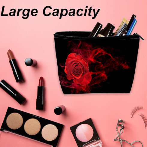 Makeup Bag for Purse Waterproof Funny Abstract Red Rose Cosmetic Bags for Women Zipper Travel Toiletry Pouch Black Leaves Makeup Bags Gift 9.5×5.9 Inch