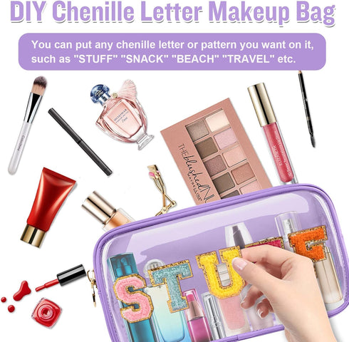 Small Clear Travel Makeup Organizer Bag, Cute Preppy Cosmetic Zipper Pouch for Women, Purple