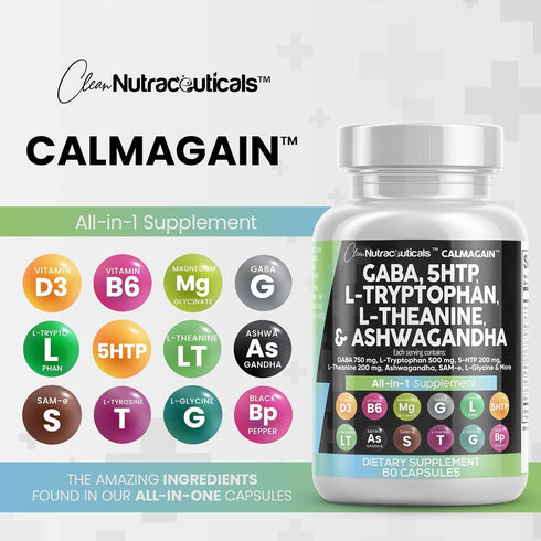 Clean Nutraceuticals GABA 750mg - Mood Support Vitamins with 5 HTP, L Tryptophan, Ashwagandha & More