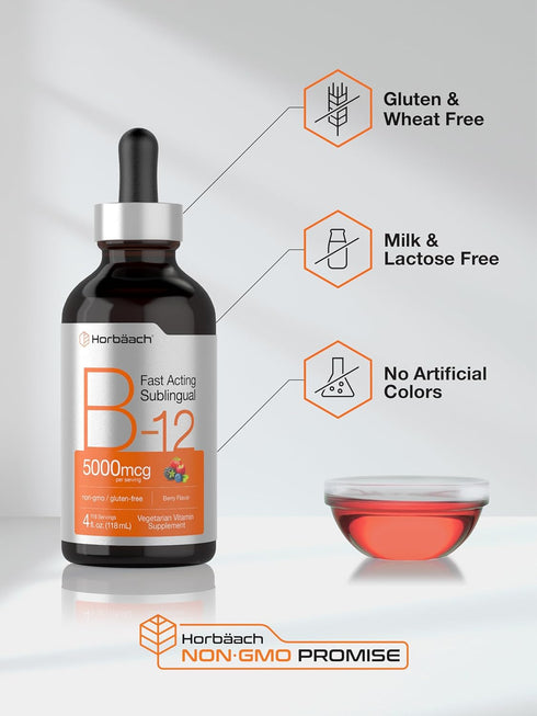 Horbaach B-12, 5000mcg, 4oz, Berry Flavor Fast-Acting Sublingual Liquid Vitamin B12, Vegetarian & Non-GMO