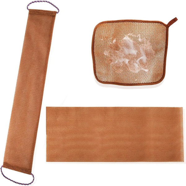 3 Pcs African Exfoliating Net Sponge, Bathing Shower Cloth Kit for Back, Body, Face - Brown