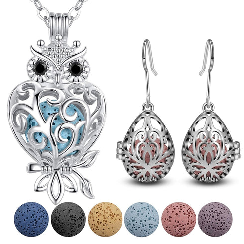 Essential Oil Diffuser Necklace & Earrings Set, Lava Rock Stone Aromatherapy Jewelry