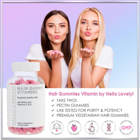 Hello Lovely! Hair Vitamins Gummies, 120 Gummy Bears, Biotin 5000 mcg, Vitamin E & C for Hair Growth