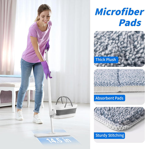 oshang OG7 Flat Mop and Collapsible Bucket, Mop and Bucket for Floor Cleaning, Foldable with Wheels, 2 Microfiber Pads