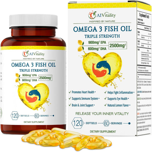Omega 3 Triple Strength EPA DHA Supplement - 2500mg Lemon Flavored Fish Oil, 120 Softgels