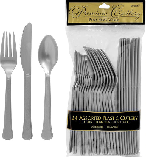 Silver Plastic Heavy Weight Assorted Cutlery Set, 24 Pc, Durable & Elegant Utensils