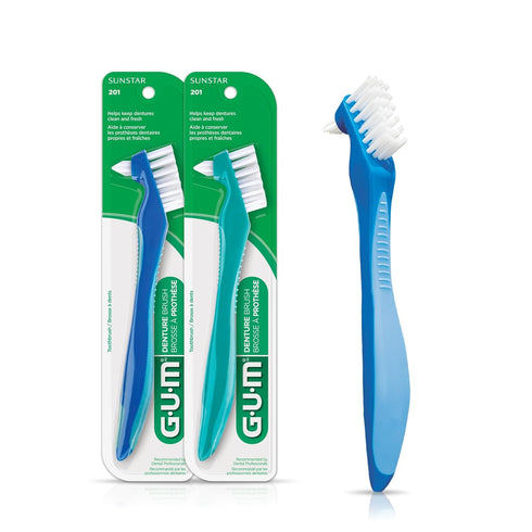 GUM Denture Brush - Dual Headed Hard Bristle Toothbrush for Dentures &