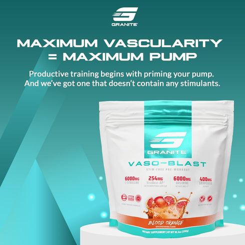 Granite Supplements Vaso Blast, Stimulant-Free Pre Workout for Men & Women, Blood Orange, 20 Servings