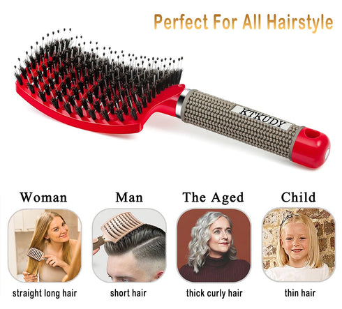KTKUDY Detangling Hair Brush - Boar Bristle & Tangle-Free Design for Kids, Women, and Men, Pain-Free Styling (Red)