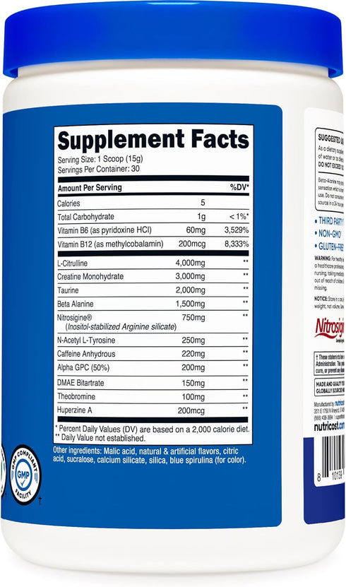 Nutricost Pre-C Pre-Workout Complex with Creatine, Blue Raspberry, 30 Servings, 450g Powder