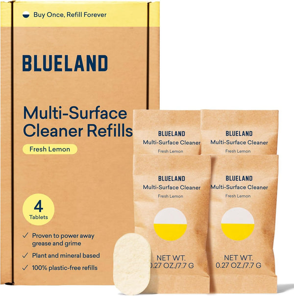BLUELAND Multi-surface All Purpose Cleaner Refill Tablet - 4 Pack, Eco Friendly Product, Fresh Lemon Scent, Makes 4 x