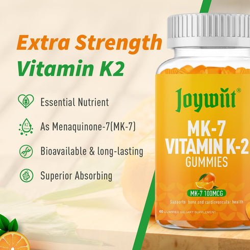 Vitamin K2 MK-7 Gummies 100mcg, Extra Strength Chewable Natural Orange Flavor, Non-GMO, Vegan, 60 Counts