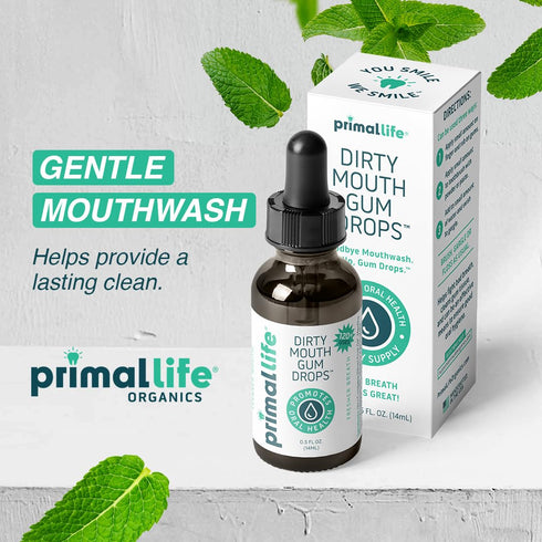 Primal Life Organics Dirty Mouth Gum Serum, Natural Essential Oils for Good Breath, Gentle Mouthwash, Organic, Vegan