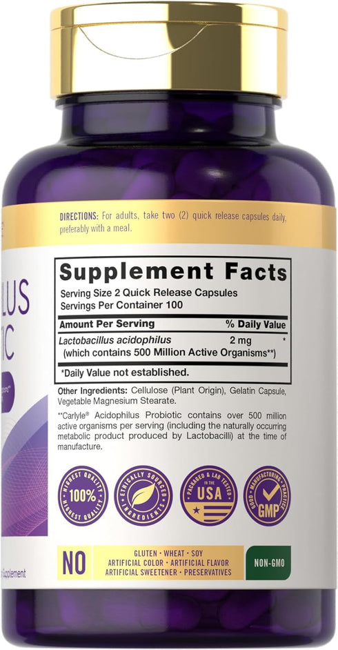 Carlyle Acidophilus Probiotic | 500 Million CFU | 200 Capsules Non-GMO & Gluten Free | Probiotic for Men & for Women