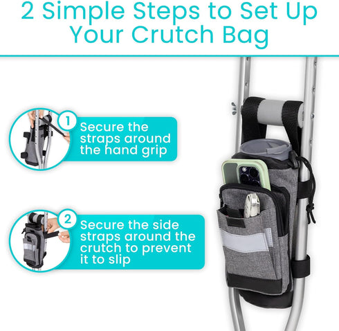 Vive Crutch Accessories Bag - Pouch for Crutches, Accessory Storage Carry Kit with Cup and Bottle Pocket Holder, Gray